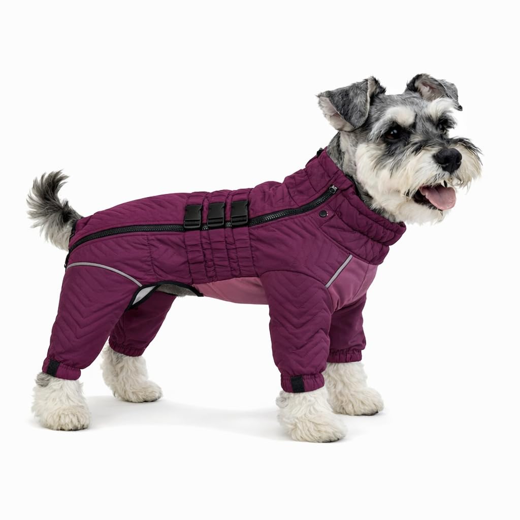 Chaleco cálido para perro, doble capa, 4 patas cubiertas, resistente al viento, impermeable, reflectante, morado, XS - L