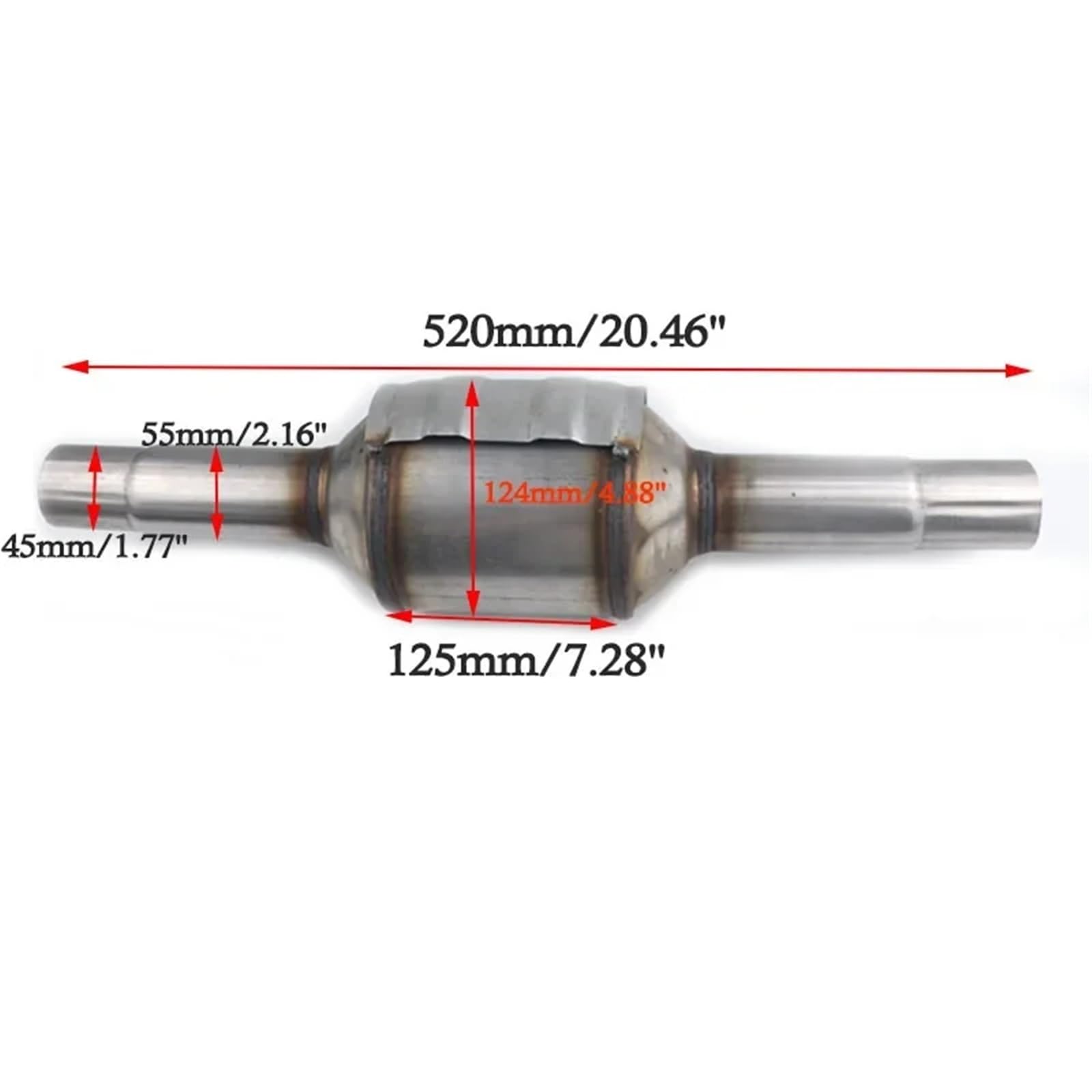 katalizator samochodowy Uniwersalny tłumik o długości 52 cm, do samochodowych układów wydechowych z katalizatorem, o dużej wydajności przepływu, wlot/wylot 45-55 mm