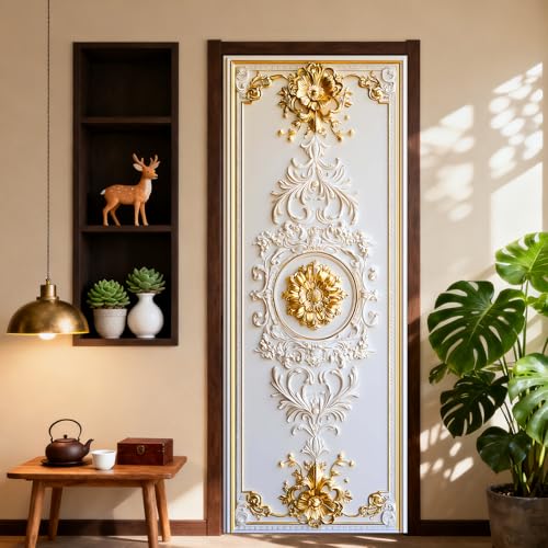 Image of Nuxovilar French Gold Door Stickers Peel Stick PVC 30.3x78.7 Inches | Door Stickers Wall Decals Peel Stick Cover Vinyl Art Poster Home Bedroom Living Room (French Gold)