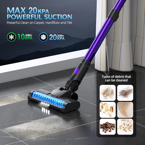 Cordless Vacuum Cleaner, 20KPA Stick Vacuum with LED Display, 2 Modes 6 in 1 Lightweight Cordless Stick Vacuum Cleaner with 40Min Detachable Battery Vacuum Cleaner for Home Hard Floor Car Carpet