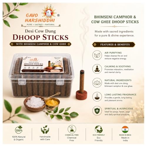 Image of GAVO HARSHIDDHI Cow Dung Bhimseni Camphor Dhoop Batti | Natural Dhoop Sticks with Cow Ghee & Devdar Wood for Pooja, Meditation, Yoga & Spiritual Fragrance