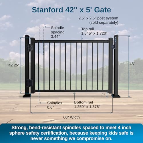 Image of Weatherables 42 in. H x 5 ft. W Stanford Gate Kit - Aluminum Porch & Deck Railing Gate with Black Powder-Coated Finish, Adjustable Outdoor Entry Gate