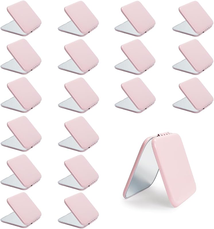 Espelho compacto quadrado MLLXX com estojo metálico, dupla face 1X/2X, rosa, pacote com 18
