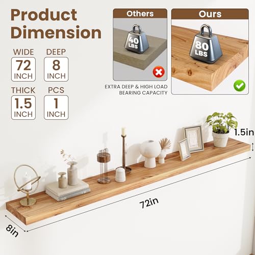 Image of Acovy Extra Deep 72 inch Long Rustic Solid Wood Floating Shelves for Wall, Wall Shelves with Invisible Bracket for Living Room Bathroom Bedroom Kitchen, Set of 1, Natural
