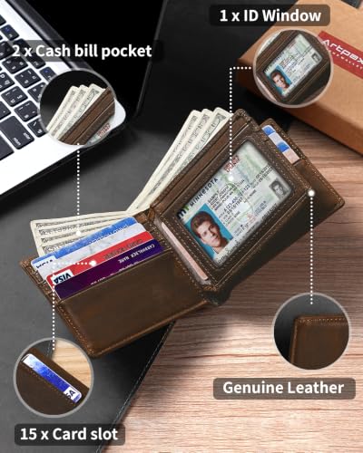 Image of Artpaxy Mens Wallet Bifold Genuine Leather RFID Blocking Wallet for Men with 1 ID Window 15 Card Holders 2 cash pockets 1 Gift Box
