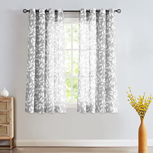 Image of Treatmentex White and Grey Curtains for Bedroom 54 inch Long Leaf Print Curtains for Windows Semi-Sheers, Grommet Top, 2 Panels