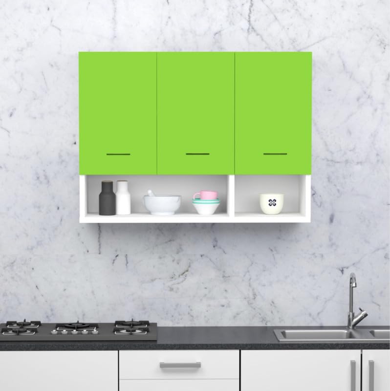 Funtree 3 Door Multipurpose Wall Mounted Cabinet with Adjustable Shelf | Storage for Kitchen, Bathroom, Bedroom, Office & Living Room | Assembly-DIY | Color-White & Parrot Green | Size-90x33x63.8 Cm