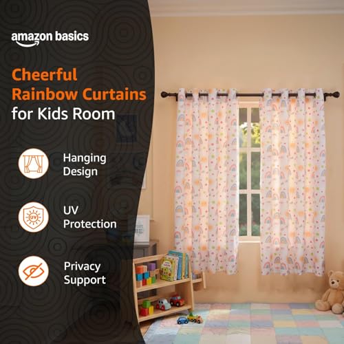 Image of Amazon Basics - Kids Room Darkening Digital Printed Window Curtains, 80-85% Room Darkening | 5 Feet |Set of 2| Digital Print | Kids Curtain |for Living Room and Bedroom | 115cmx 150cm, Design-Rainbow