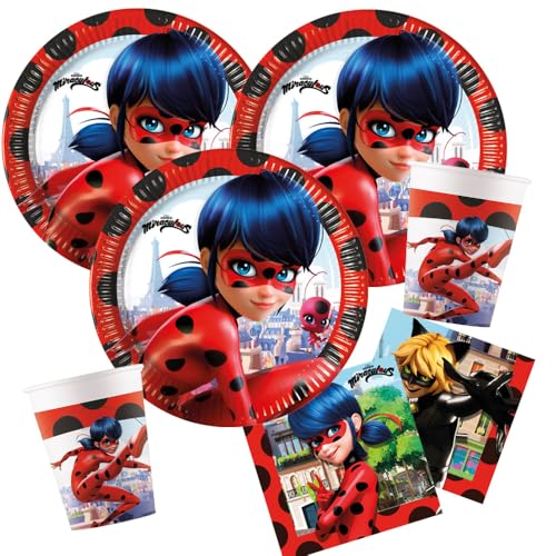 Procos Miraculous Ladybug - Juego de 36 platos de papel, vasos de papel, servilletas para cumpleaños infantiles