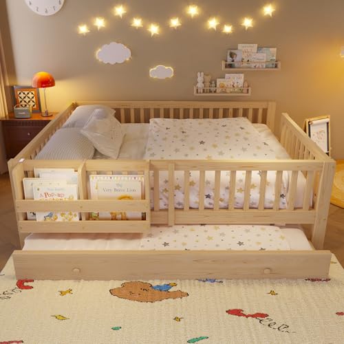 Moimhear Cama de madera, con barandilla de protección y una cama de día, cama nido integrada, elementos de rejilla (madera, 140 x 200 cm)
