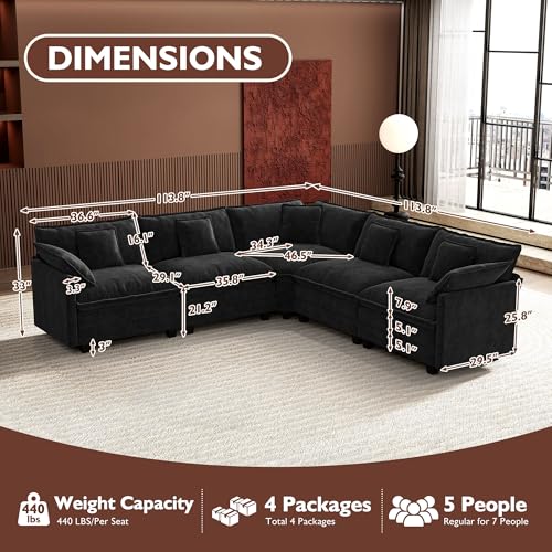 Image of Ihanherry 114 inch V-Shaped Modern Sofa Modular Sectional Cloud Couch with Corner Section, 5-Seat Chenille Deep Seat Sofa with 5 Pillows for Living Room, Bedroom and Apartment, Black