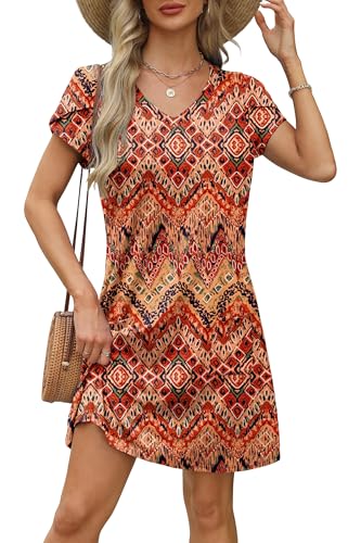 Image of OFEEFAN Womens Summer Dresses 2026 Tulip Petal Short Sleeve V Neck Loose Swing Sundresses with Pockets Plain /Print