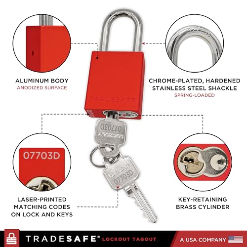 Image of TRADESAFE Lockout Tagout Locks Set - 10 Red Aluminum Loto Locks, Lock Out Tag Out Padlocks Keyed Alike, 2 Keys Per Lockout Padlock, OSHA Compliant