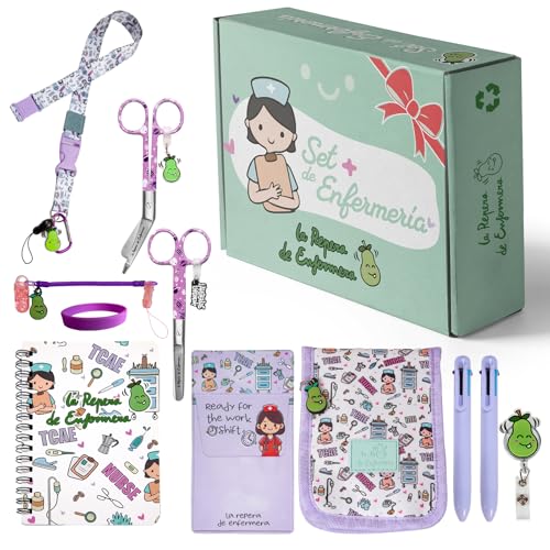 La Repera de Enfermera® Pack de Enfermería 10 piezas | Regalos para Enfermeras | Salvabolsillos de enfermeria + 2 tijeras + Organizador de bolsillo enfermeria + Accesorios enfermeras (PURPLE NURSEES)