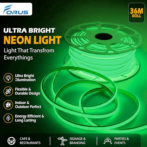 Image of Forus 36M COB LED Neon Strip Light, 10mm Green Waterproof Flexible Rope Light, Cuttable LED Strip for Indoor & Outdoor Wall Decor, Home, Shop, Party & Festival Lighting with 3 Connectors