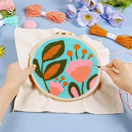 Image of KESTAR Punch Needle Embroidery Starter Kits, Tulip Flower Punch Needle Kits for Adults Beginner, Needle Punch Kit Tool with Instruction Threader Fabric Yarns and Hoop