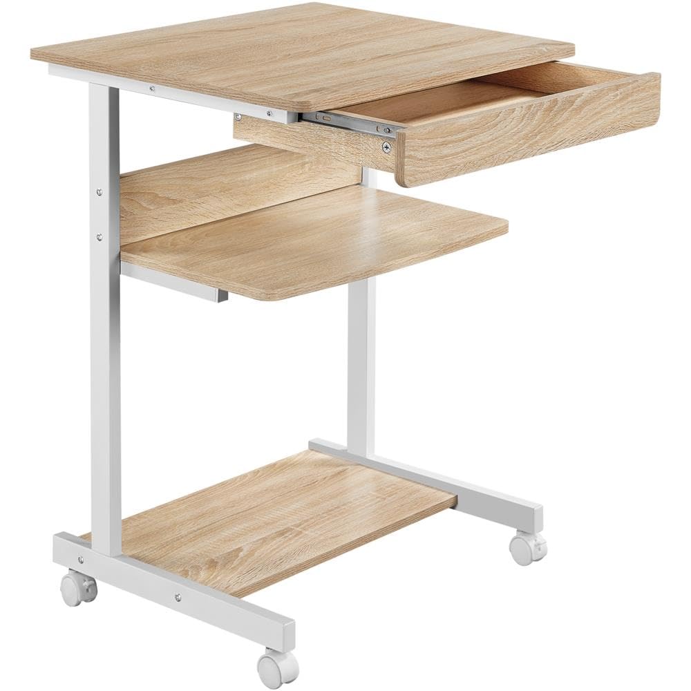 Yaheetech Mesa Ordenador con Ruedas Escritorios Ordenador Pequeña con Bandeja de Teclado Mesa Gaming con Cajón para Estudio,Espacio Límite Negro 79,5x56x51cm Roble Claro