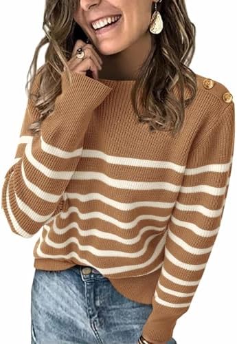 KIRUNDO Women's Striped Sweaters 2024 Fall Winter Outfits Crewneck Ribbed Knit Pullover Trendy Tops with Metal Buttons