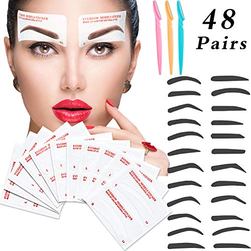 48 Pairs Eyebrow Stencils Templates Shaping Eyebrow Stencils and 3 Pieces Eyebrow Razors Eyebrow Shavers for Women Makeup Tools