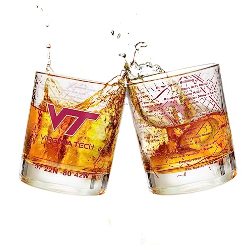 Image of Greenline Goods - Virginia Tech University Hokies College Whiskey Glasses (Set of 2), 10 oz - Full-Color Logo + Campus Map
