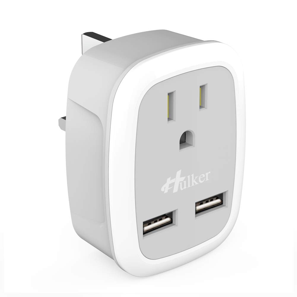 UK Ireland Hong Kong Travel Plug Adapter, Hulker Type G Power 2 Outlet Adaptor with 2 USB for USA to UK London British England Irish Scotland Dubai