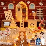 Wichteltür Set mit Licht, Wichtel Zubehör Weihnachten Komplettset Im Dunkeln Leuchten, Wichtel Schablone, Wichtelbriefe, Weihnachtsbaum,Wichtelhaus Weihnachtswichtel Set, Miniatur Wichtelbaustelle