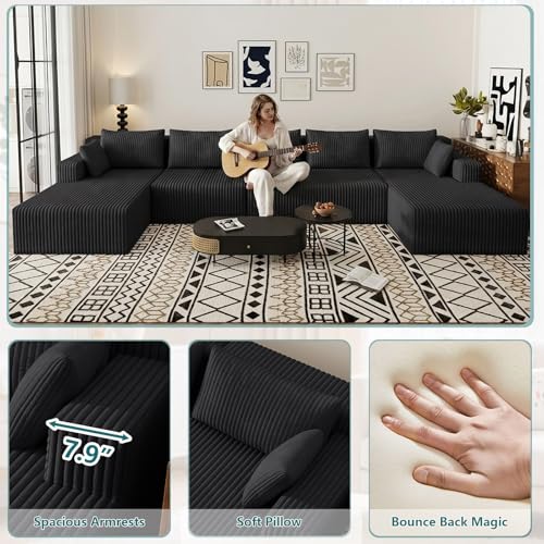 Image of 160 inch U-Shape Cloud Couch, Modern Modular Sectional U-Shape Sofa, Corduroy Boneless Couch Upholstered Couches Deep Seat Sleeper Chaise Longue for Living Room, No Assembly Required, Black