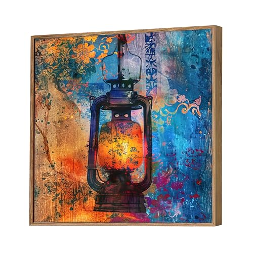 Image of Vintage Lantern Framed Canvas Wall Art Painting for Living Room | Colorful Rustic Abstract Artwork Painting with Frame | Modern Decorative Wall Decor for Home & Office, 23x23 Inch