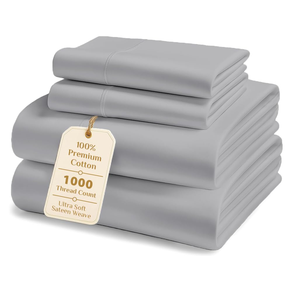 Split King Sheets for Adjustable Beds, 1000 Thread Count 100% Cotton 5-Piece Bed Sheet Set, 15-Inch Deep Pocket, Soft Breathable Cooling Sateen Hotel Bedding, Light Grey