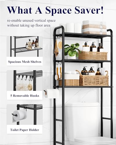 Image of Kitsure Over Toilet Storage Rack, 63.2 inch H Space-Saving, Holder & Hooks | Bathroom, Laundry Room, Small Spaces, Families, Durable Metal, Black, 3 Tier