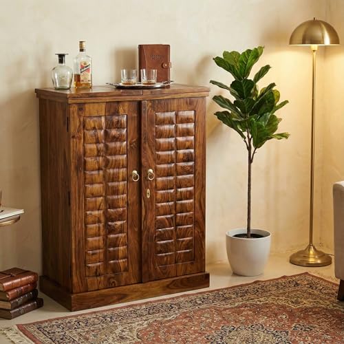 Image of Solid Sheesham Wood Bar Unit Cabinet with Storage Bottle Shelves & Built-in Glass Holder Wooden Drink Wine Rack Organizer for Living Room, Home & Lounge Dining Cupboard Liquor Furniture
