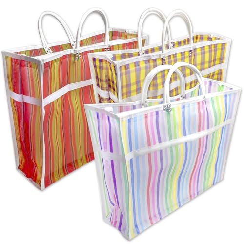 More Fiesta Pack of 3 Large Size Gusseted Mercado Bags - Mexican Tote Market Reusable Grocery Bag Multipurpose High Thread Mesh Bag with Assorted Colors (13 x 15)
