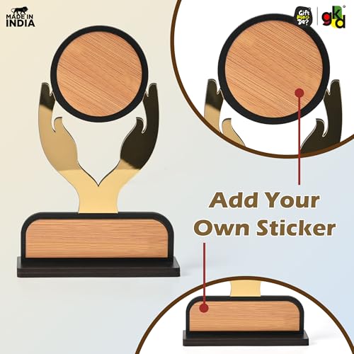 Image of GKD Wooden Trophy with Golden Acrylic | Self-Customizable with Sticker Award /Memento for Events, Corporate Gifting, School Functions & Achievements (Golden Gratitude - Self)