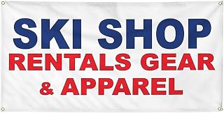 Vinyl Banner Multiple Sizes Ski Shop Rentals Gear & Apparel Blue Red Business Outdoor Weatherproof Industrial Yard Signs 4 Grommets 12x30Inches