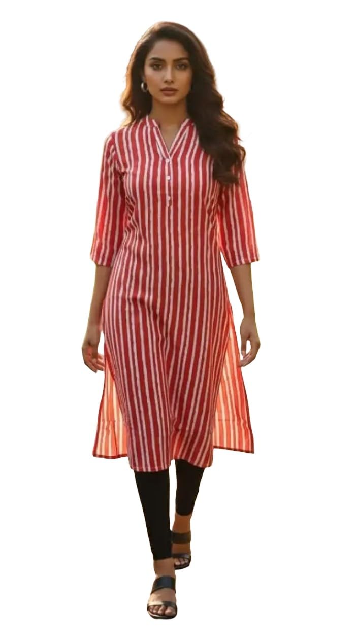 Women's Red and White Striped Straight Kurti