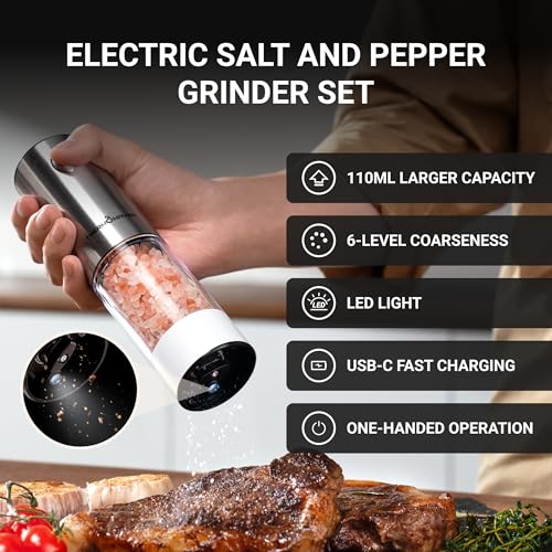 Image of ThermoMaven Electric Salt and Pepper Grinder Set, 110ml Larger Rechargeable Automatic Salt and Pepper Mill Grinder with 6 Adjustable Coarseness, Salt and Pepper Shakers, LED, 2 Packs, Black & White