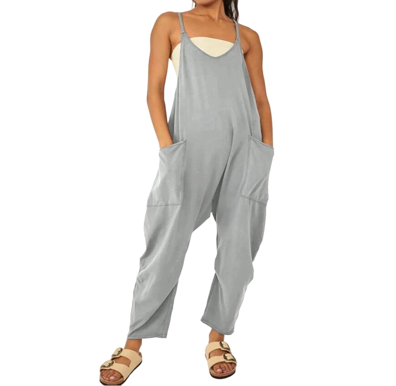 Yeuyyben Combinaison ample sans manches à bretelles spaghetti pour femme - Coupe ample - Couleur unie - Surdimensionnée