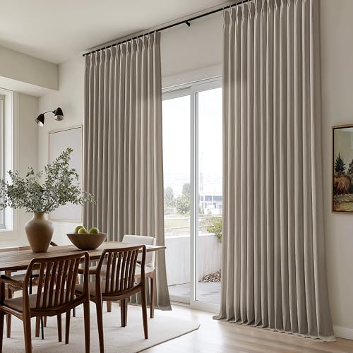Image of Taupe Pinch Pleated Semi Sheer Linen Curtains 108 Inch Long for Living Room | Floor To Ceiling Extra Long, Textured Faux Linen, Drapes, Hook Rings Memory Shape, Gray Beige, Light Filtering Privacy, Boho