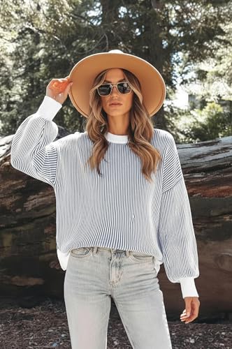 Image of Womens Sweaters Fall 2026 Clothes Oversized Striped Knit Top Winter Outfits | ETCYY Long Sleeve Colorblock Pullover Tops,Fall Sweaters For Women Trendy,Casual Work Office,Cream,Cute Oversized Sweater