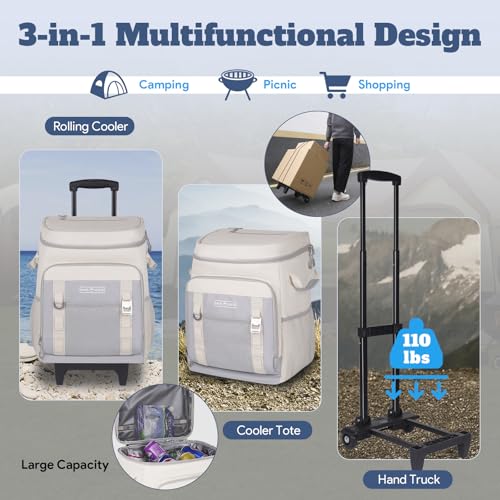 Image of INSMEER Cooler with Wheels and Handle, 80 Cans /50L Rolling Cooler, Portable Soft Sided Cooler with Wheel, 2-in-1 Collapsible Trolley Cart, Large Coolerbag for Grocery Shopping