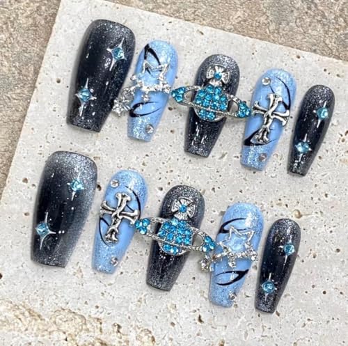 ネイルチップ 黒 手作りネイルチップネイルチップ ネイルシールかわいいピンクつけ爪入学式 卒業式 韓国 成人式 結婚式ネイルチップ3Dラインストーンキャッツアイ 10枚入おしゃれ (黒と青1928, S)