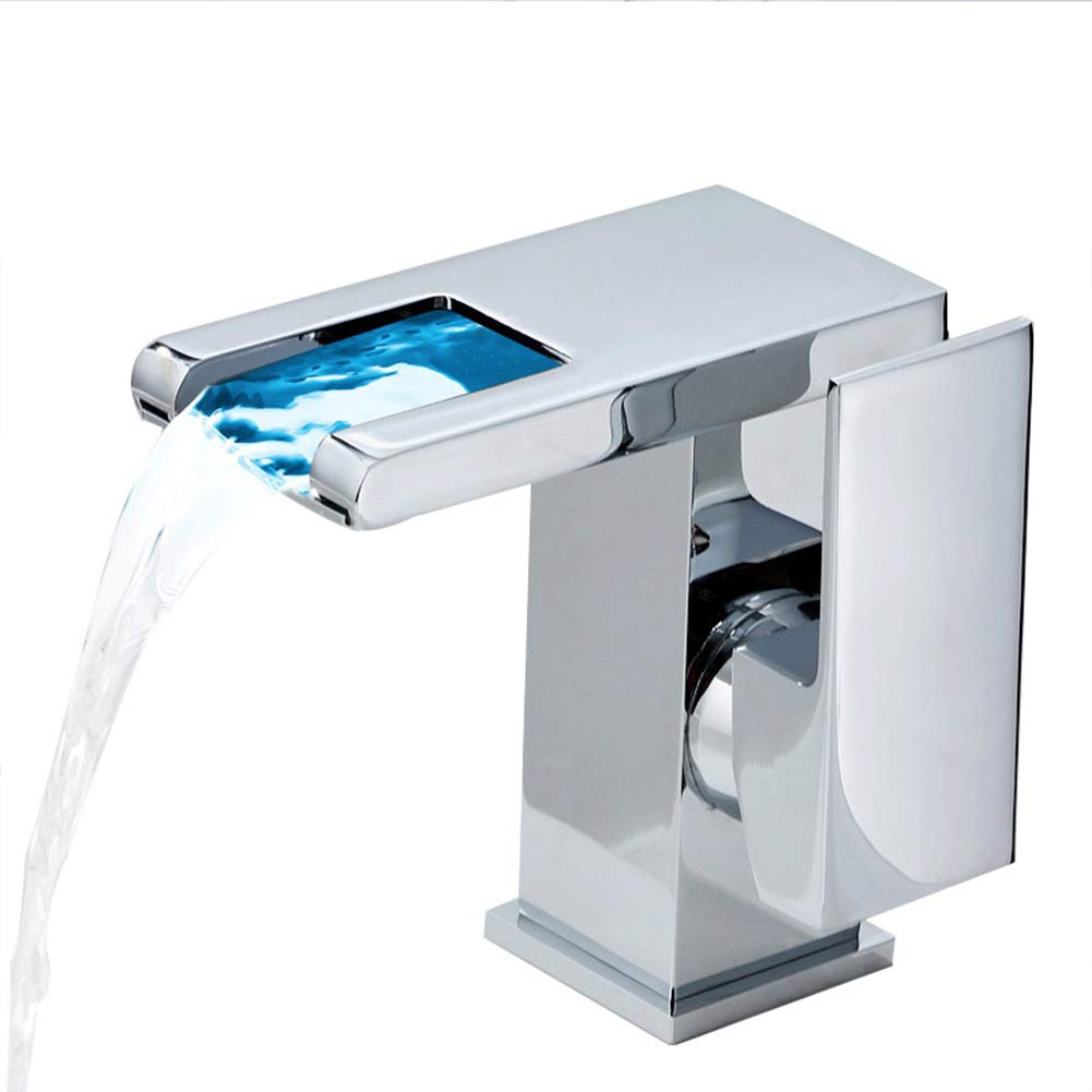 CZYWKDDPP Basin Waterfall Tap, Bathroom Mixer Tap Modern LED Black Single Lever Countertop Hot and Cold Water Faucet, Copper Hole Washbasin Suitable for Toilet,