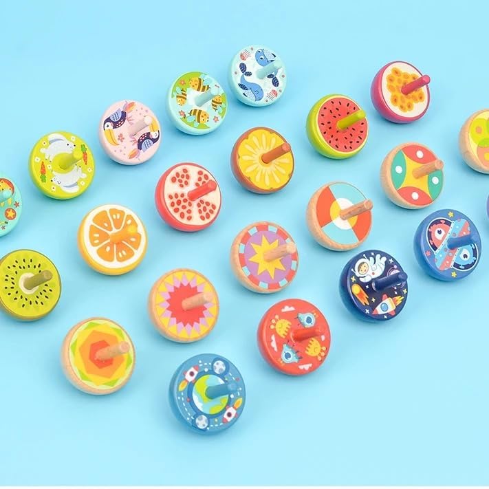 10 Pcs Wooden Spinning Tops, Kids Educational Toys, Birthday Party Favours (Set of Random Design & Colour, 10, Piece)