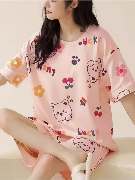 Image of Lunza Women's Cotton Blend Pajama Set, Short Sleeve T-Shirt and Shorts, Cute Bear Print Nightwear