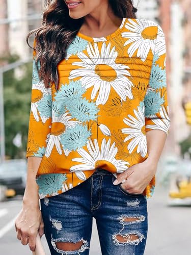 KISSMODA Women's Casual 3/4 Sleeve T-Shirts Round Neck Cute Tunic Tops Basic/Pleated Summer Tops Trendy Spring Blouses