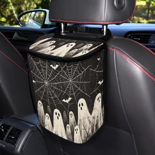 Image of Halloween Ghost Spider Web Car Hanging Trash Can Garbage Can with Adjustable Straps Universal Car Accessories Interior for SUV Trucks