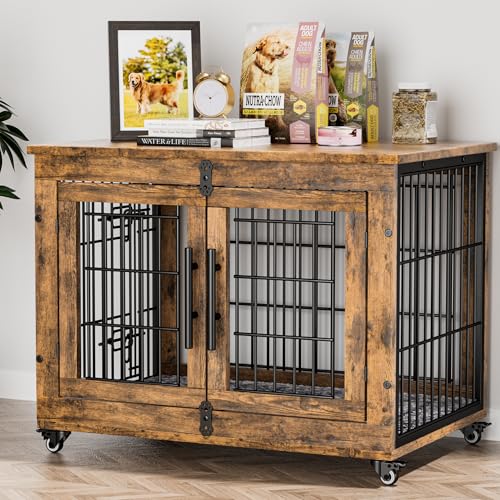 Lulive Dog Crate Furniture Dog Kennel Indoor Double Doors Wooden Dog Cage 32 Heavy Duty Dog Crate with Cushion Wheels Decorative End Table Pet House Chew Resistant for MediumSmall Dog Brown