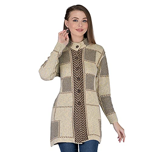 Image of LADY WILLINGTON Women's Wool Round Neck Cardigans With Side Pockets (LONGPRINTCOAT Beige L)