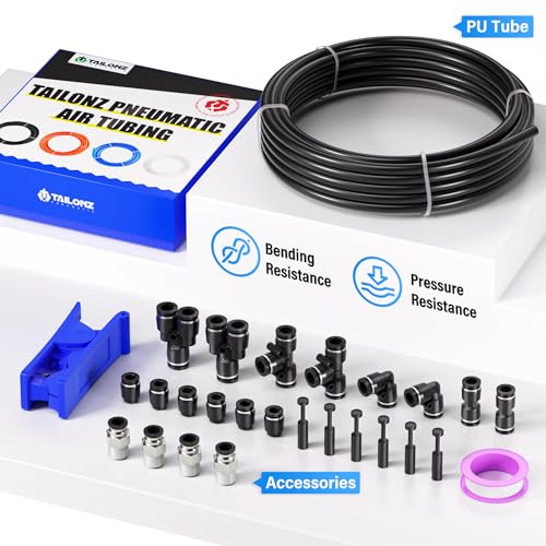 Image of TAILONZ PNEUMATIC Black 1 /2 Inch OD 10 Meter 32.8ft PU Polyurethane Air Tubing Kit Pipe Hose Air Line Tubing Air Hose Fittings Push to Connect Fittings(27PCS)