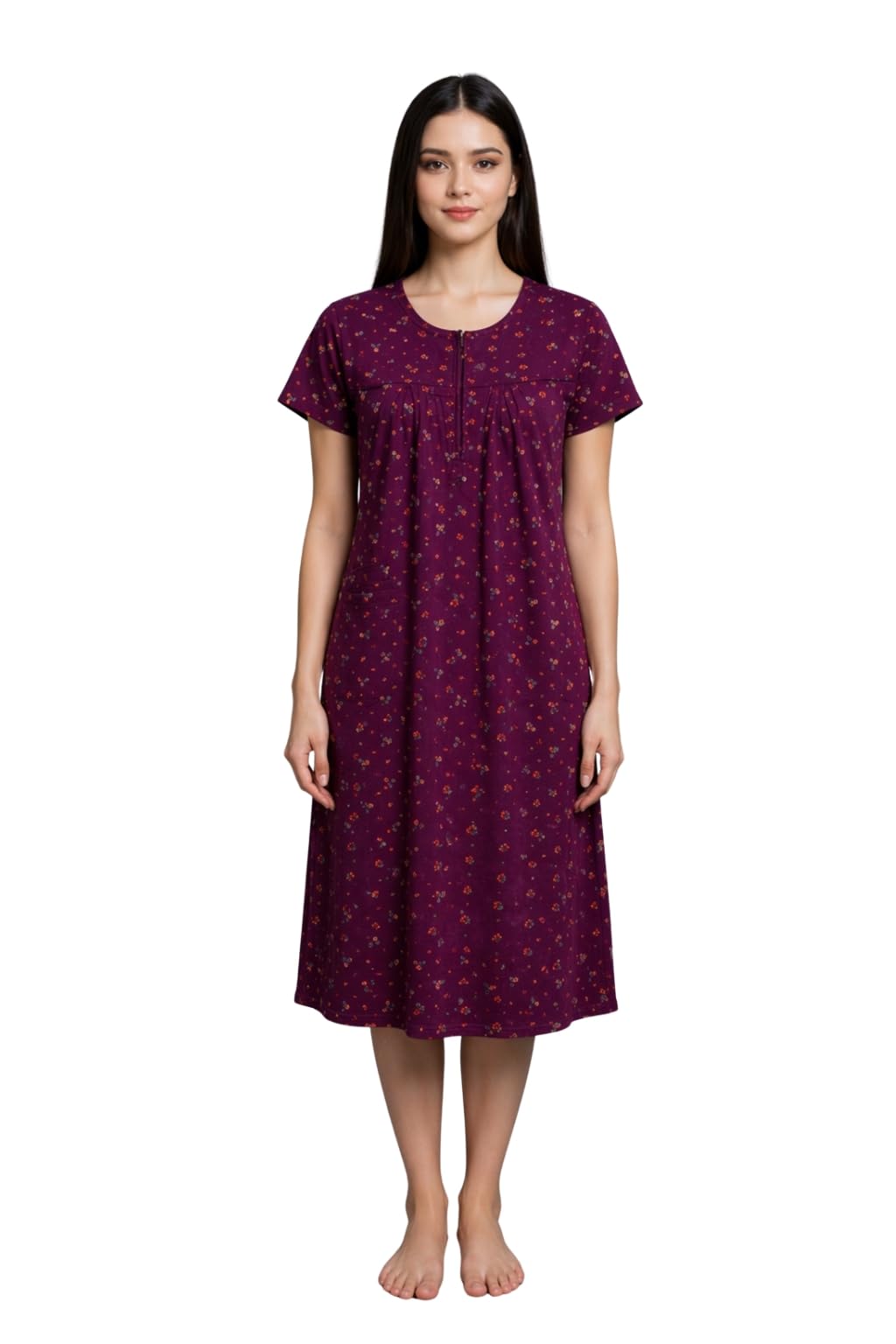 Women's Hosiery Cotton Nighty, Floral Print, Zip Neck, Side Pocket, Midi Length, Regular Fit Sleepwear-picture-28